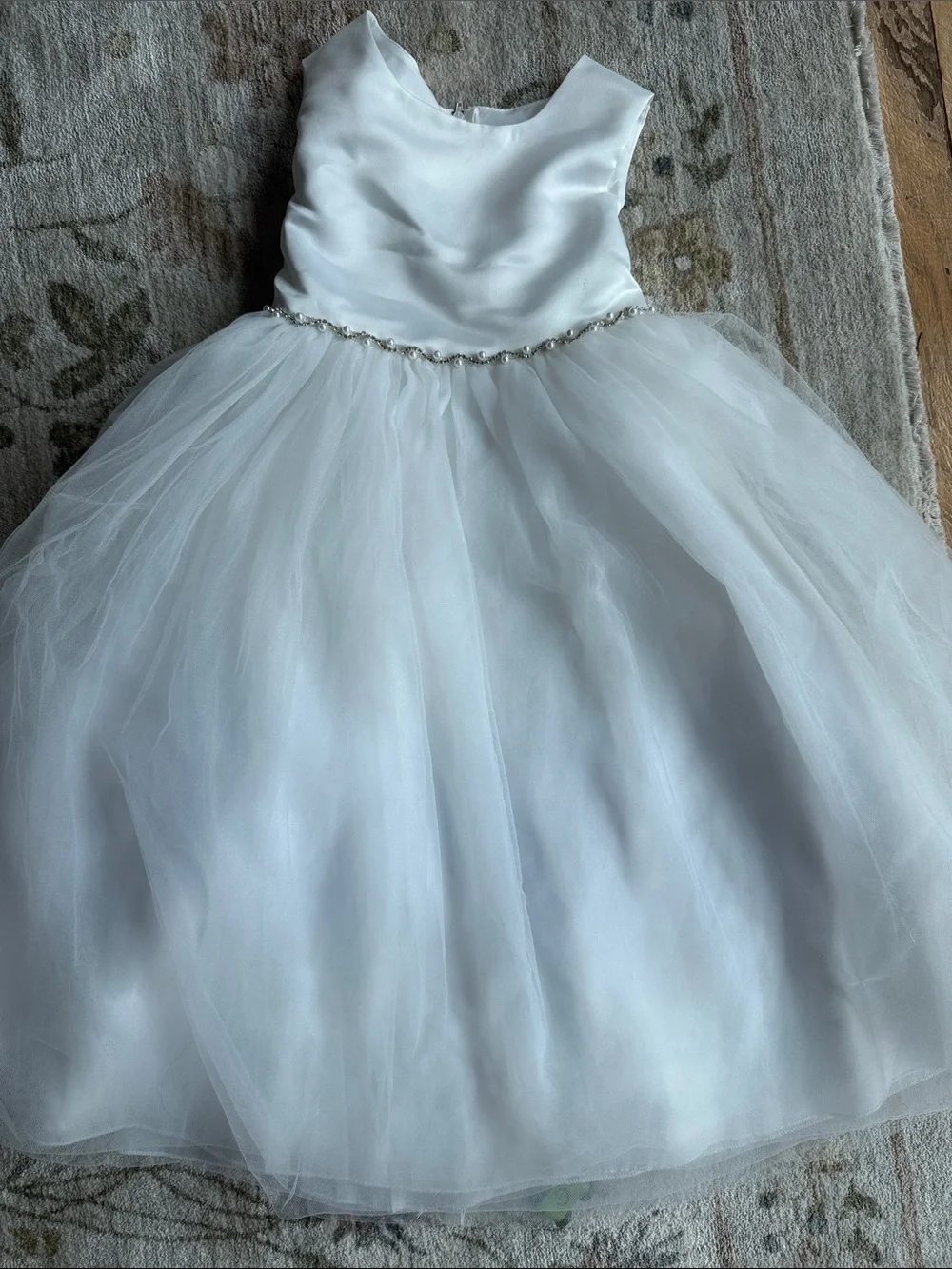 White Satin & Tulle flower girl Dress with Beaded Waist